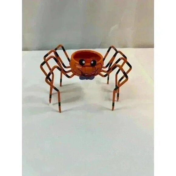 HALLOWEEN METAL SPIDER T-LITE CANDLE HOLDERS‎ GREEN ORANGE SET OF TWO - Picture 2 of 8